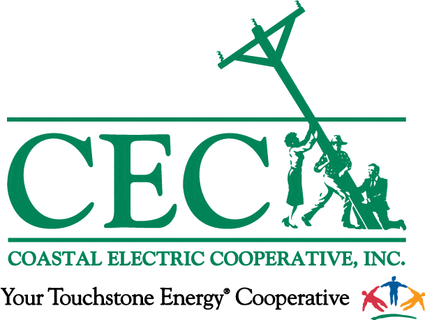 Logo of Coastal Electric Cooperative, Inc. in green, showing three people working together to lift an electric pole, with slogan "Your Touchstone Energy Cooperative".