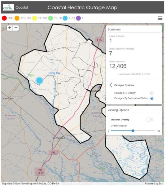 The map shows current electric outages for Coastal Electric Cooperative, with seven customers affected in an area near Horse Bay and Yemassee.