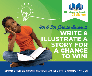 Child seated with notebook, smiling, thinking under a creative idea light bulb. Children's Book Challenge for 4th & 5th graders. Sponsored by South Carolina's Electric Cooperatives.