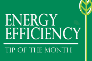 Green background with text "Energy Efficiency Tip of the Month" and a leaf graphic. No recognizable landmarks or historical buildings present.