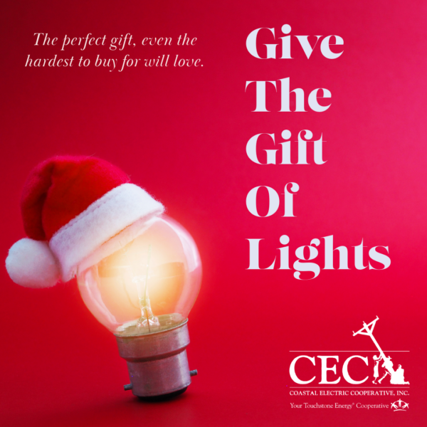 A glowing light bulb wearing a Santa hat on a red background promotes "Give The Gift Of Lights" by Coastal Electric Cooperative.