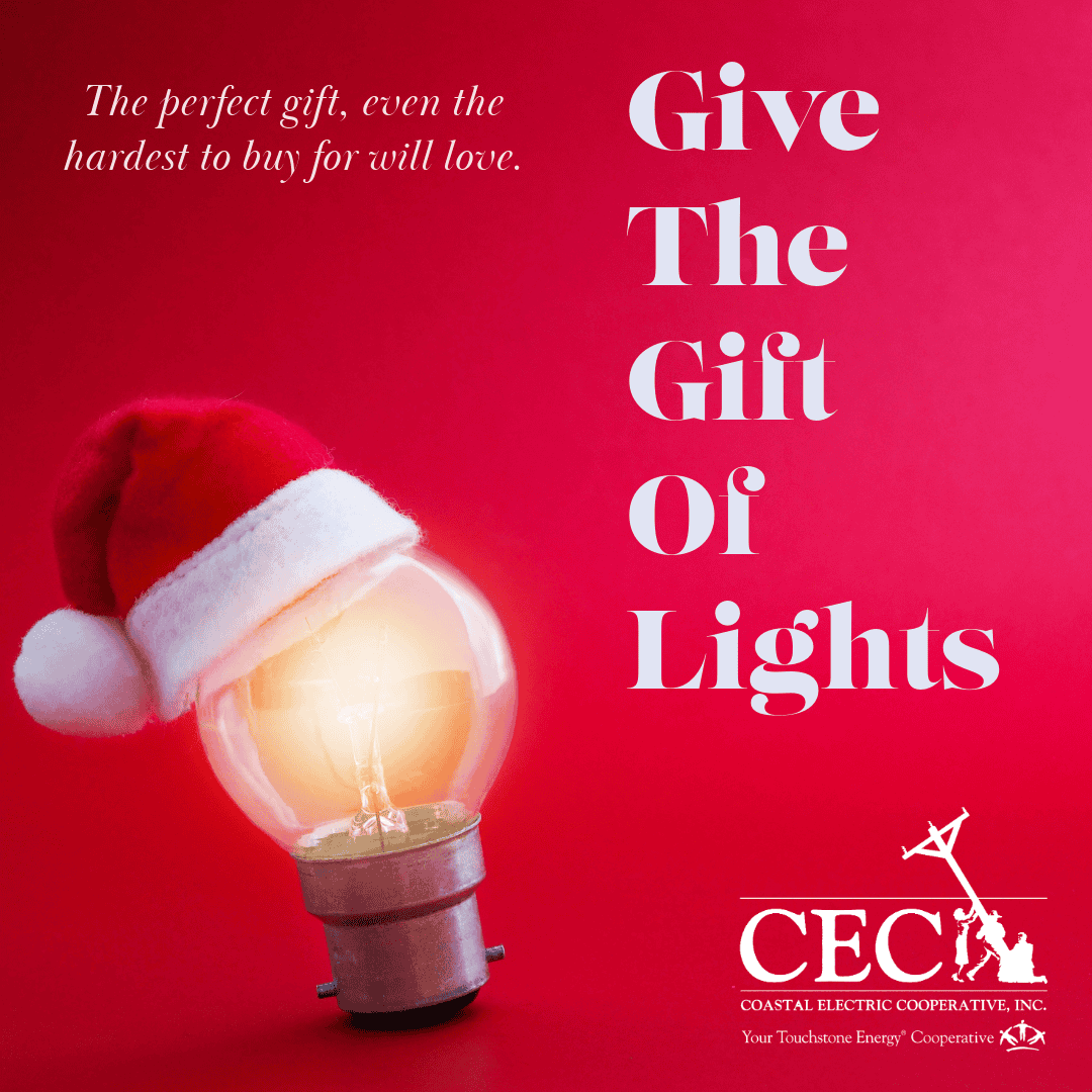 A light bulb wearing a Santa hat on a red background. Text reads, "Give The Gift Of Lights" and "CEC Coastal Electric Cooperative."