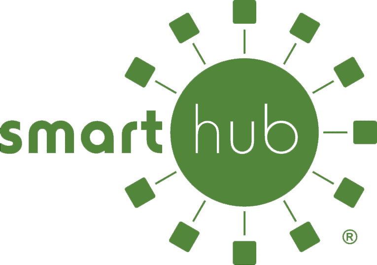 Green "Smart Hub" logo features a central circle with radiating squares, resembling a sun. Simple, modern design.