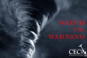 A tornado funnel cloud with text "WATCH VS. WARNING" in bold red letters and a "CEC" logo with silhouetted figures at the bottom.