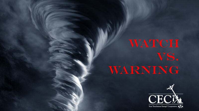 A tornado funnel cloud with text "WATCH VS. WARNING" in bold red letters and a "CEC" logo with silhouetted figures at the bottom.