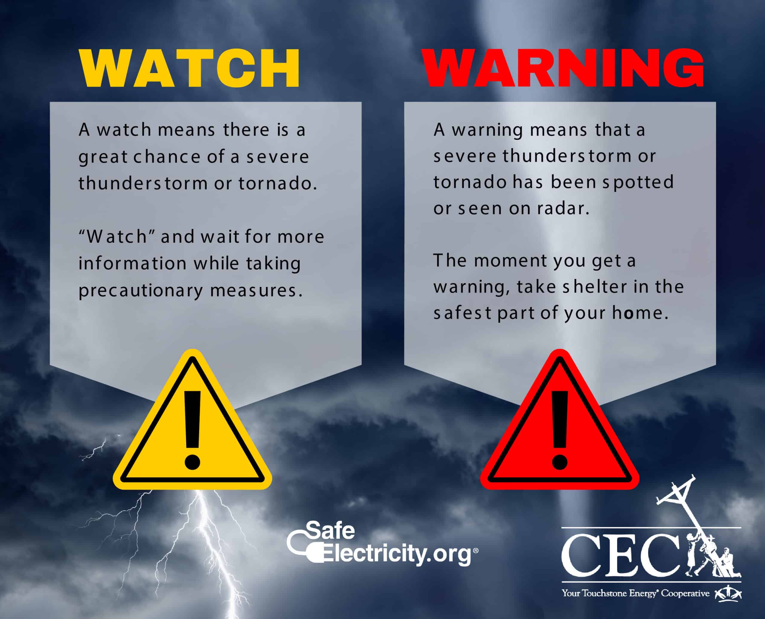 The image explains the difference between "Watch" and "Warning" for severe weather, with instructions on precautionary measures and sheltering, against a stormy background.