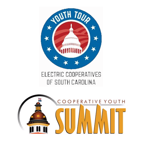 Logos featuring the U.S. Capitol dome and South Carolina State House dome promote the Electric Cooperatives of South Carolina’s youth tour and summit.