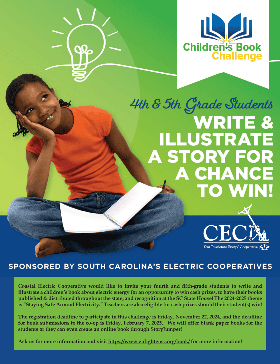 A person sits with a notebook, advertising a children's book challenge for 4th and 5th graders. Sponsored by South Carolina's Electric Cooperatives.