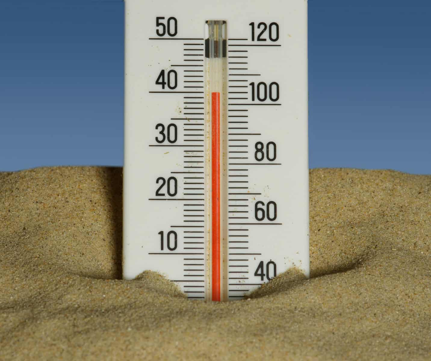 A thermometer reads high temperatures, partially buried in sand under a clear blue sky, illustrating a hot and arid environment.